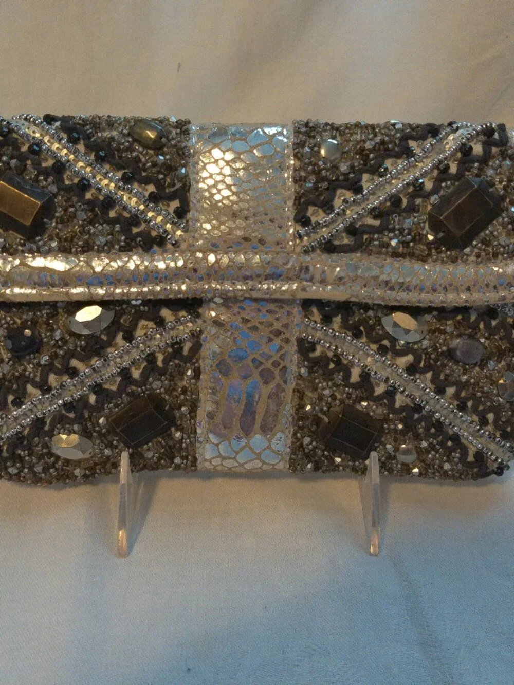 Mary Frances Grey Silver Black Beaded Evening Bag Purse VGUC